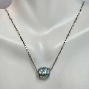 vtg fire opal sterling silver necklace box chain 16in barrel pendant 5.37g